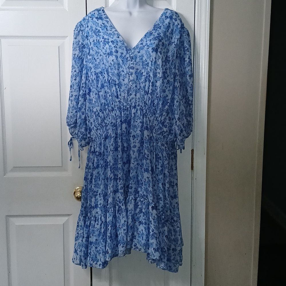 Taylor blue floral print dress elastic waist midi waist Sz 24W NWOT